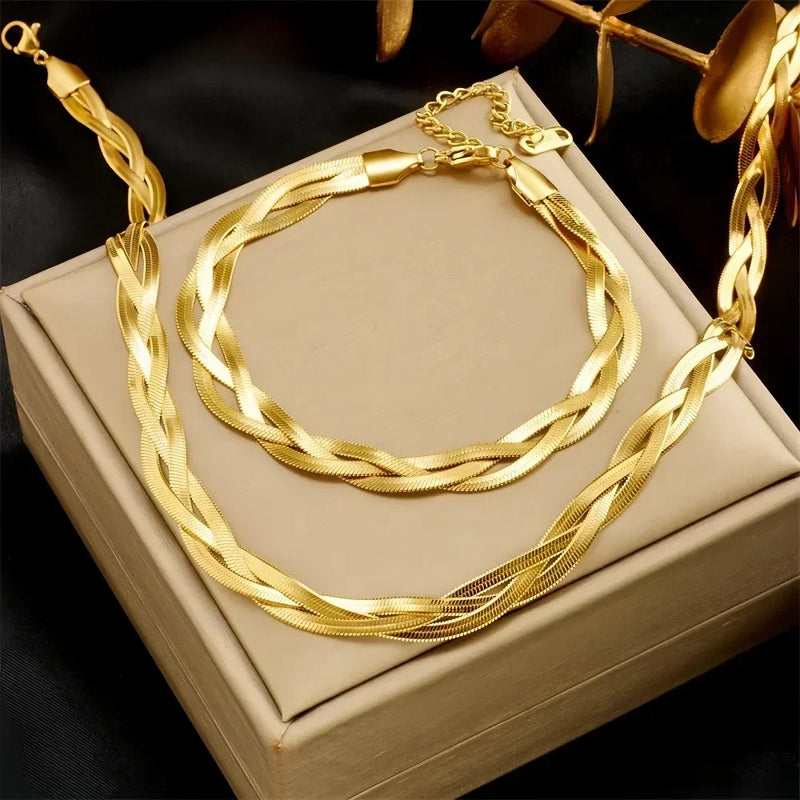 Conjunto 2 peças: Colar e Pulseira Tricolor em Aço Inoxidável