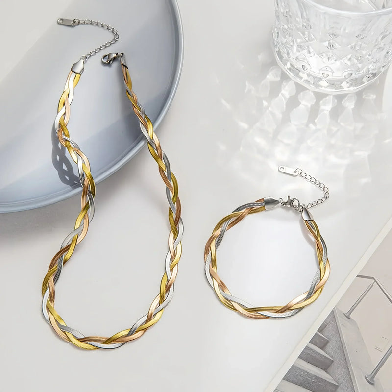Conjunto 2 peças: Colar e Pulseira Tricolor em Aço Inoxidável