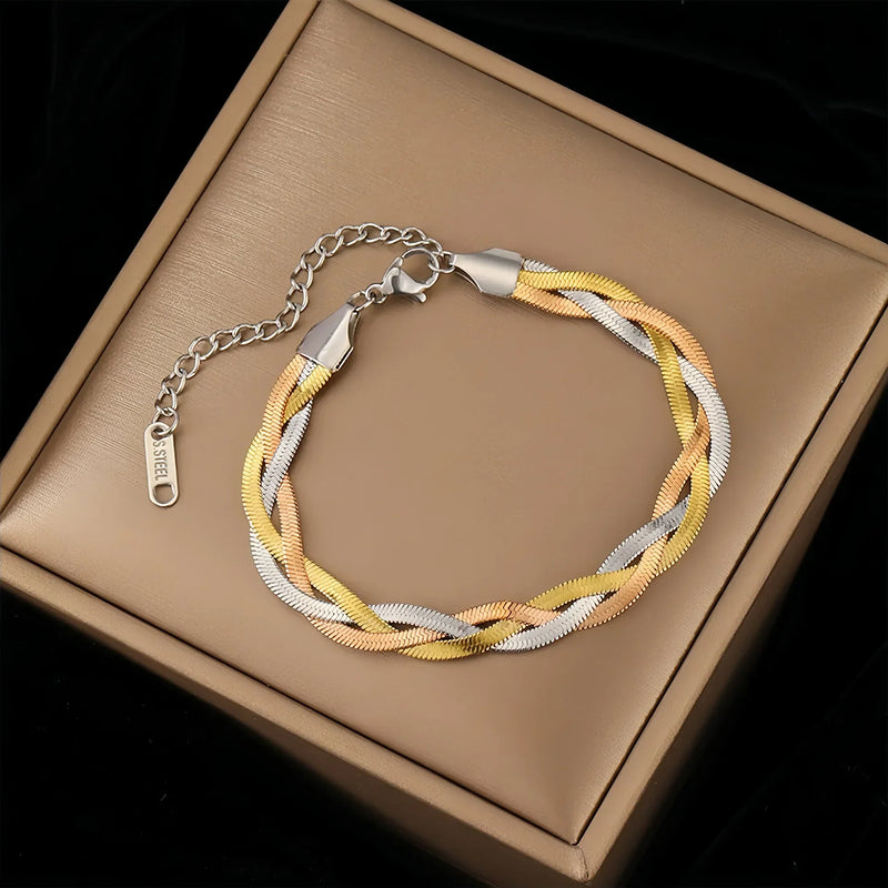 Conjunto 2 peças: Colar e Pulseira Tricolor em Aço Inoxidável