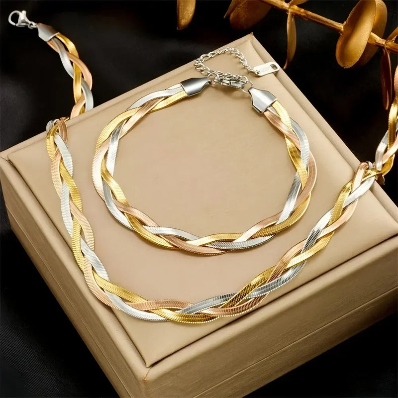 Conjunto 2 peças: Colar e Pulseira Tricolor em Aço Inoxidável